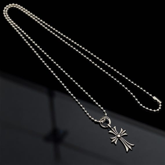 Vintage Chrome Hearts Silver Gothic Cross Necklace, Sterling Silver Beaded Chain, Unisex Pendant Necklace, Statement Jewelry, Gift for Him