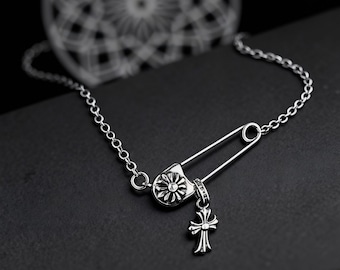 Vintage Chrome Hearts Safety Pin Necklace with Floral Cross Charm, Sterling Silver Gothic Pendant, Heavy Unisex Collector Jewelry