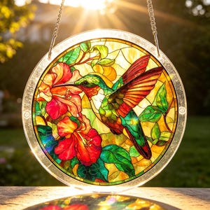 May include: Round stained glass window featuring a hummingbird and vibrant flowers. The bird has green, red, and orange feathers, with a long beak. The flowers are red and orange, surrounded by green leaves. A silver chain is attached for hanging.