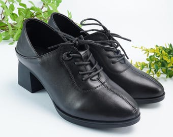 Handmade Black Oxford Heels Women, Leather Lace Up Block Heel Shoes, Retro Vintage Oxfords, Comfortable Everyday Office Shoes Gift for Her