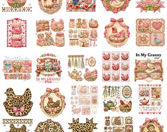 Abuela Core Png, Gallina en el nido, Oso vintage de segunda mano Png, Casa de campo digital, Osito de peluche con marco ovalado Coquette CottageCore para sublimación