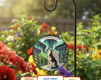 Custom Husky Angel Memorial Suncatcher, Northern Lights Dog Loss Gift