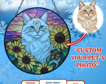 青い目の猫と蝶と花のステンドグラスアート - 気まぐれな猫の自然風景