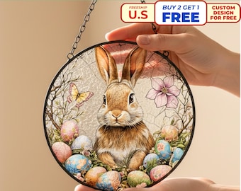 Easter Bunny Suncatcher, Stained Glass Rabbit Ornament, Spring Decor