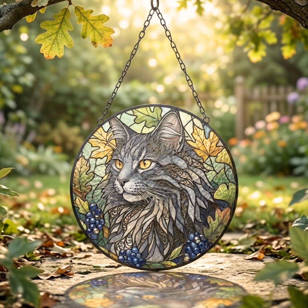 Maine Coon Cat Stained Glass Suncatcher, Cat Lover Window Hanging ...