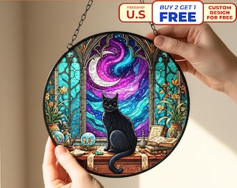 Black Cat Stained Glass Suncatcher, Celestial Moon Window Hanging