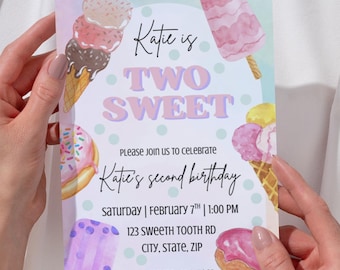 May include: A pastel-colored birthday invitation with ice cream and donut illustrations. The text reads "Katie is TWO SWEET" and includes party details: date, time, and location. RSVP information is also included.