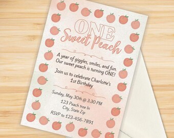 One Sweet Peach First Birthday Invitation: Editable Canva Template (Digital)