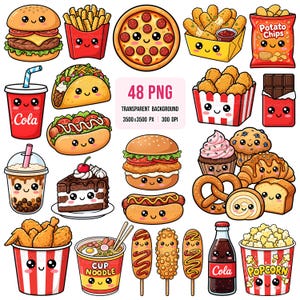 Könnte beinhalten: Eine Sammlung von 48 digitalen Illustrationen mit verschiedenen Lebensmitteln und Getränken mit lächelnden Gesichtern, darunter Burger, Pizza, Pommes, Tacos, Hotdogs, Soda, Schokolade, Kuchen, Popcorn und Nudeln, mit Text 48 PNG 3500x3500 PX 300 DPI.