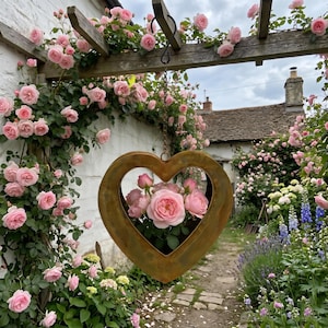 May include: A heart-shaped metal planter with a rustic, weathered bronze finish, suspended by a thin chain. The planter holds a bouquet of fresh, light pink roses with green leaves, positioned against a backdrop of a blooming rose garden.