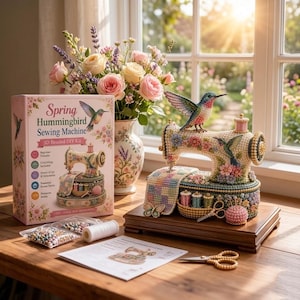 May include: A 3D beaded DIY kit for a sewing machine, featuring a box labeled Spring Hummingbird Sewing Machine, a finished beaded sewing machine model with a hummingbird, spools of thread, scissors, a pincushion, beads, and instructions.
