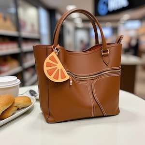 May include: A brown leather tote bag with two top handles, a horizontal zipped pocket across the front, and a decorative orange slice-shaped charm attached to the hardware. The bag features visible white stitching along the front panel.