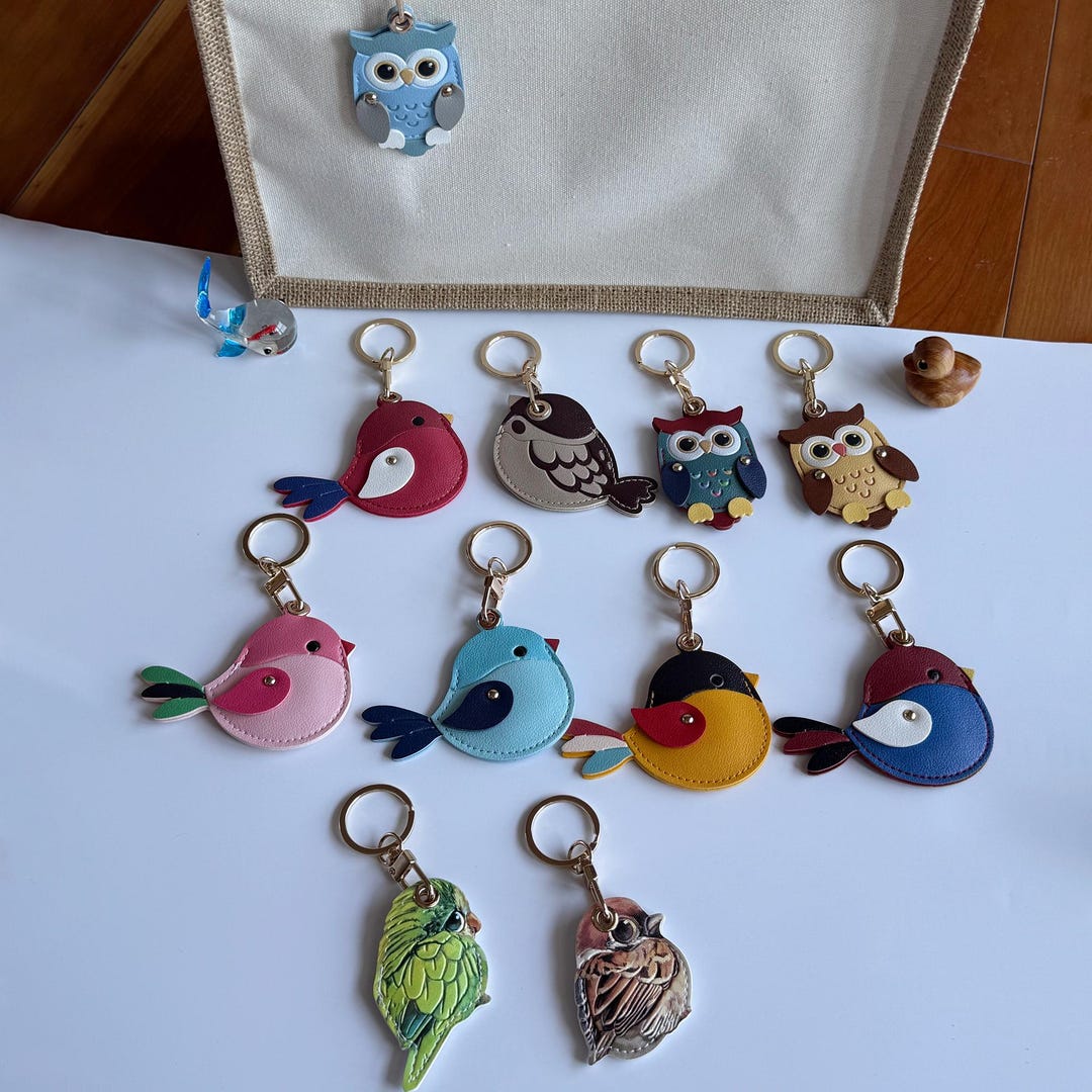 Bird AirTag Holder - PU Leather Keychain, Sparrow Owl Parrot, Bag Charm ...