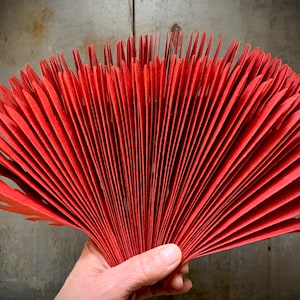 Może przedstawiać: Czerwony wachlarz papierowy złożony w szereg fałd, tworząc kształt wachlarza.
