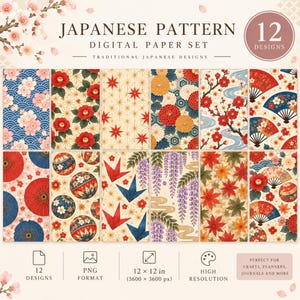 May include: A digital paper set featuring 12 patterns with Japanese motifs including cherry blossoms, red camellias, fans, paper cranes, umbrellas, and wisteria. The collection includes 30.48 by 30.48 cm files in PNG format with high resolution for various projects.