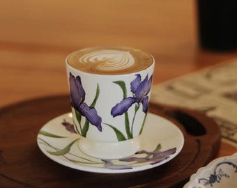 Romantic Purple Iris Ceramic Coffee Tea Cup & Plate - Artisan-Made Floral Tableware Valentine's Day Gift