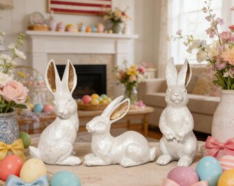 3pc Distressed White Bunny Figurines, Rustic Farmhouse Easter Decor Gift