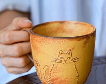 Relief Cat Ceramic Coffee Cup Mug with Handle,Gift For Cat Lover