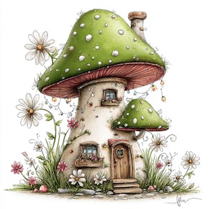 May include: A whimsical illustration of a mushroom house with a green cap dotted with white spots and a red underside. The house has a wooden door, windows with flower boxes, and is surrounded by daisies and grass. Fairy lights are strung around the mushroom house.