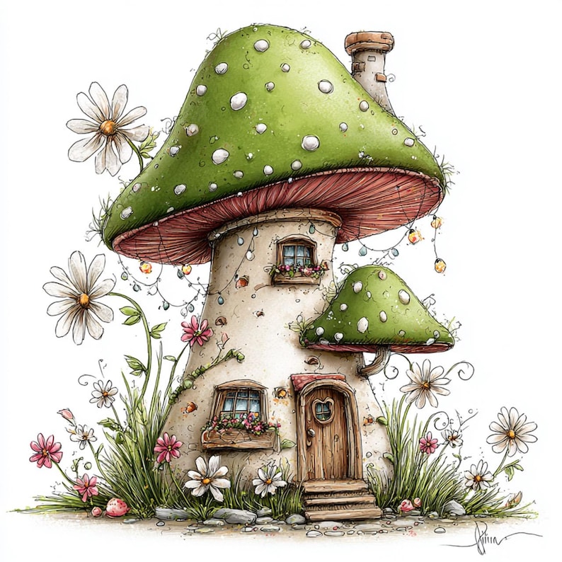 May include: A whimsical illustration of a mushroom house with a green cap dotted with white spots and a red underside. The house has a wooden door, windows with flower boxes, and is surrounded by daisies and grass. Fairy lights are strung around the mushroom house.