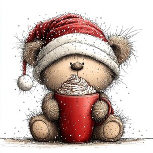 K&ouml;nnte beinhalten: Illustration eines Teddyb&auml;ren mit rotem Weihnachtsmannhut mit wei&szlig;em Rand und Bommel. Der B&auml;r h&auml;lt einen roten Becher mit Schlagsahne und Kakao. Schneeflocken fallen, wodurch eine gem&uuml;tliche Winterszene entsteht.