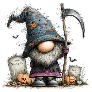 May include: A whimsical gnome illustration featuring a tall blue hat with orange pumpkin patterns, a long white beard, and a scythe. The gnome stands between two tombstones, one marked with illegible text and the other with the text SEET.