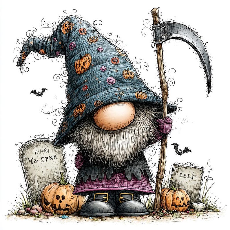 May include: A whimsical gnome illustration featuring a tall blue hat with orange pumpkin patterns, a long white beard, and a scythe. The gnome stands between two tombstones, one marked with illegible text and the other with the text SEET.