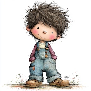 Puede incluir: Ilustración en acuarela de un niño de dibujos animados con cabello castaño desordenado, mejillas rosadas y una ligera sonrisa. El niño lleva una camisa morada de manga larga, una camisa amarillo claro y un peto vaquero azul con botas marrones. La imagen tiene un estilo caprichoso.