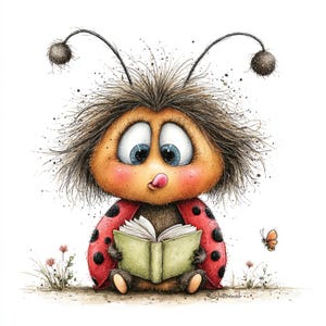 Peut inclure: Illustration fantaisiste d'une coccinelle de dessin anim&eacute; aux grands yeux bleus, lisant un livre vert. La coccinelle a une carapace rouge &agrave; pois noirs et est assise sur le sol avec de petites fleurs et un papillon &agrave; proximit&eacute;. Style aquarelle.