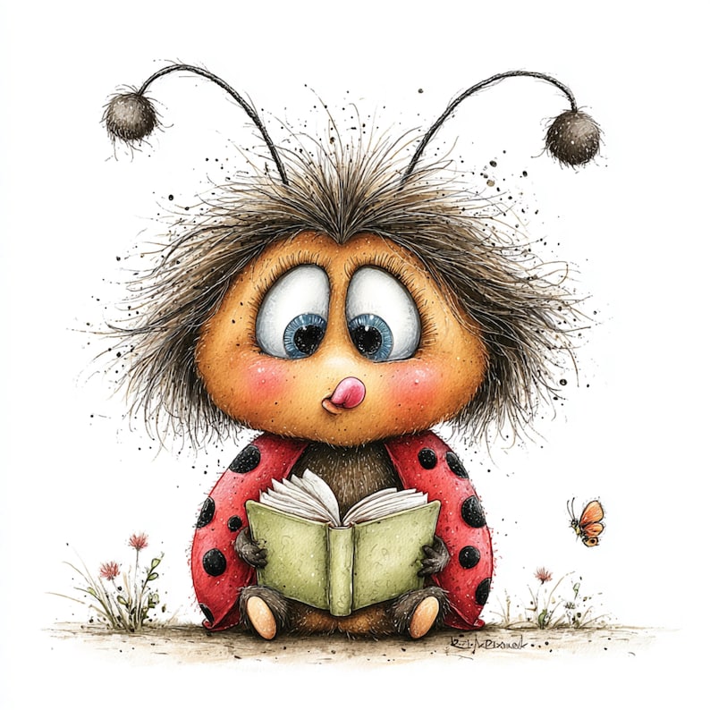 Peut inclure: Illustration fantaisiste d'une coccinelle de dessin anim&eacute; aux grands yeux bleus, lisant un livre vert. La coccinelle a une carapace rouge &agrave; pois noirs et est assise sur le sol avec de petites fleurs et un papillon &agrave; proximit&eacute;. Style aquarelle.