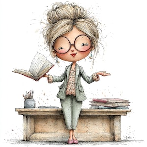 Peut inclure: Illustration à l'aquarelle d'une femme de dessin animé aux cheveux blonds en chignon, portant des lunettes, un blazer vert et un pantalon. Elle tient un livre ouvert et se tient derrière un bureau en bois avec des livres et des crayons.