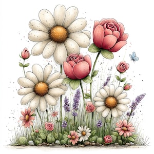 May include: A watercolour illustration of a flower garden. Features large white daisies with yellow centres and pink roses, alongside lavender and smaller flowers. A blue butterfly adds a whimsical touch to the scene.