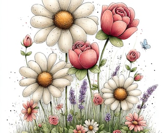May include: Watercolor illustration of a vibrant flower garden. Large white daisies with yellow centers and pink roses are interspersed with lavender and smaller flowers. A blue butterfly flits nearby, adding a touch of whimsy.