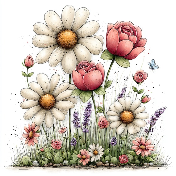 23 JPG Whimsical Flowers Spring Clipart: Floral Graphics (Digital Download)