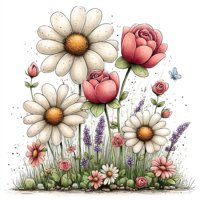 Peut inclure: Illustration &agrave; l'aquarelle d'un jardin fleuri. De grandes marguerites blanches &agrave; c&oelig;ur jaune et des roses roses c&ocirc;toient de la lavande et de plus petites fleurs. Un papillon bleu ajoute une touche fantaisiste.