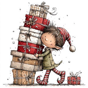 Puede incluir: Ilustración de dibujos animados de un duende navideño que lleva una pila de regalos envueltos. Los regalos son rojos, marrones y blancos, atados con cintas. El duende lleva un abrigo verde, un gorro y medias a rayas rojas y blancas, y sonríe.