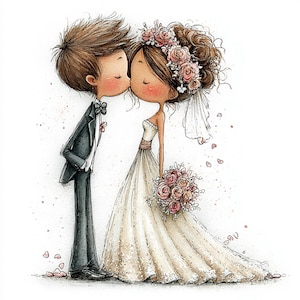 Puede incluir: Ilustración en acuarela de una pareja besándose el día de su boda. El novio lleva un esmoquin negro con pajarita, y la novia un vestido blanco sin tirantes con corona floral y ramo. Pétalos de rosas rosas esparcidos.