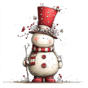 Puede incluir: Ilustraci&oacute;n de un mu&ntilde;eco de nieve caprichoso con un sombrero de copa rojo adornado con lunares blancos y adornos florales. El mu&ntilde;eco de nieve lleva una bufanda a rayas rojas y blancas, botas rojas y sostiene un peque&ntilde;o palo. Dos botones rojos adornan el cuerpo del mu&ntilde;eco de nieve.