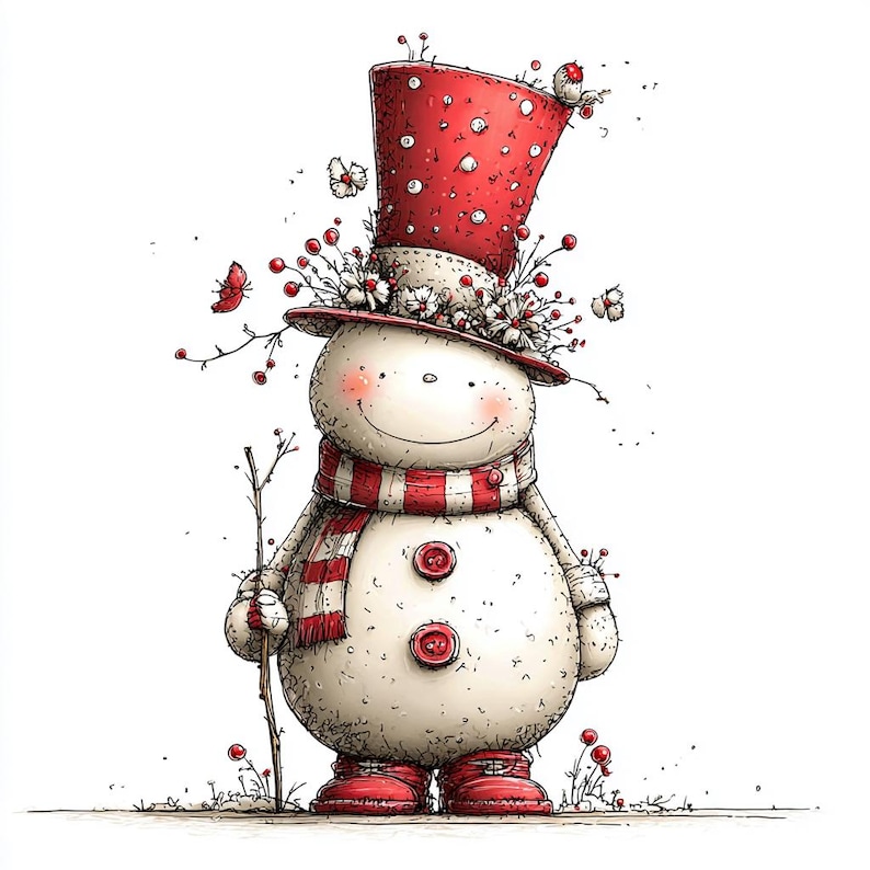 Puede incluir: Ilustraci&oacute;n de un mu&ntilde;eco de nieve caprichoso con un sombrero de copa rojo adornado con lunares blancos y adornos florales. El mu&ntilde;eco de nieve lleva una bufanda a rayas rojas y blancas, botas rojas y sostiene un peque&ntilde;o palo. Dos botones rojos adornan el cuerpo del mu&ntilde;eco de nieve.