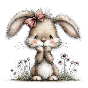May include: A charming illustration of a bunny with a pink bow and a sweet expression. The bunny has long ears, a fluffy body, and is surrounded by daisies. The artwork is done in a soft, watercolor style, perfect for children's decor or Easter-themed crafts.