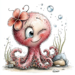 40 JPG Fantastyczna ośmiornica Clipart, urocze, osobliwe życie morskie, letnia sztuka oceaniczna w pokoju dziecięcym, do użytku komercyjnego JPG