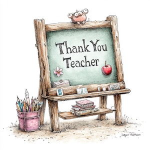 Könnte beinhalten: Illustration einer hölzernen Staffelei mit der Aufschrift "Thank You Teacher". Die Tafel zeigt eine rosa Blume, einen roten Apfel und eine kleine Maus. Ein rosa Eimer mit Bleistiften und Büchern ist ebenfalls vorhanden.
