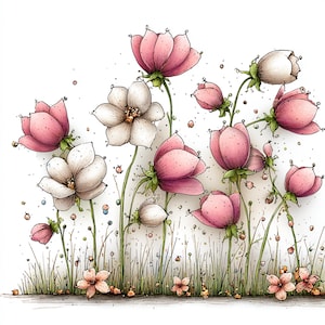 Peut inclure: Illustration &agrave; l'aquarelle de fleurs roses et blanches avec des tiges et des feuilles vertes. Les fleurs sont &agrave; diff&eacute;rents stades de floraison, avec des boutons et d'autres enti&egrave;rement &eacute;panouies. Le fond est blanc avec de petits points color&eacute;s.