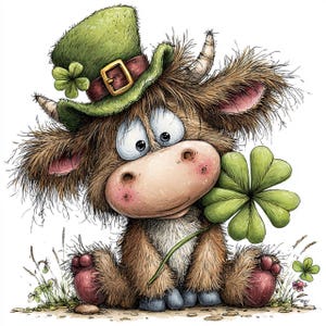 May include: A whimsical illustration of a brown cow wearing a green leprechaun hat with a gold buckle and a four-leaf clover. The cow is holding a four-leaf clover and has a sweet, innocent expression. The artwork has a cartoonish style.