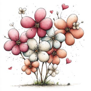 Peut inclure: Illustration &agrave; l'aquarelle d'un bouquet de fleurs stylis&eacute;es dans les tons rose, p&ecirc;che et blanc. Les fleurs ont des p&eacute;tales arrondis et sont agr&eacute;ment&eacute;es de petits c&oelig;urs et de points. Le bouquet est sur fond blanc.