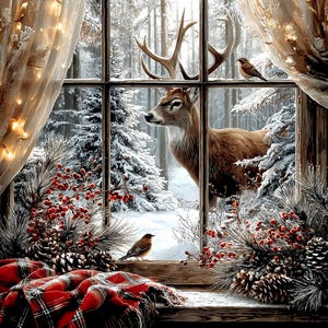 May include: A window view featuring a brown deer with antlers standing in a snowy forest. The window frame is decorated with pine branches, red berries, pinecones, and a red plaid blanket. Warm fairy lights glow on sheer curtains.