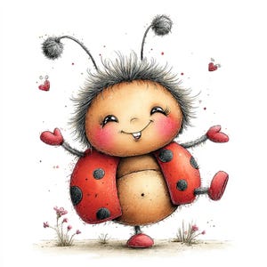 Peut inclure: Illustration d'une coccinelle souriante avec un corps rond, des ailes rouges &agrave; pois noirs et une t&ecirc;te floue. La coccinelle a des joues roses, les bras tendus et se tient sur une jambe. De petits c&oelig;urs et fleurs sont dispers&eacute;s.