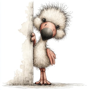May include: A whimsical illustration of a fluffy, light-colored bird with a large, dark beak and expressive eyes. The bird peeks from behind a wooden post, its pink feet and hand visible. The artwork has a soft, textured appearance.