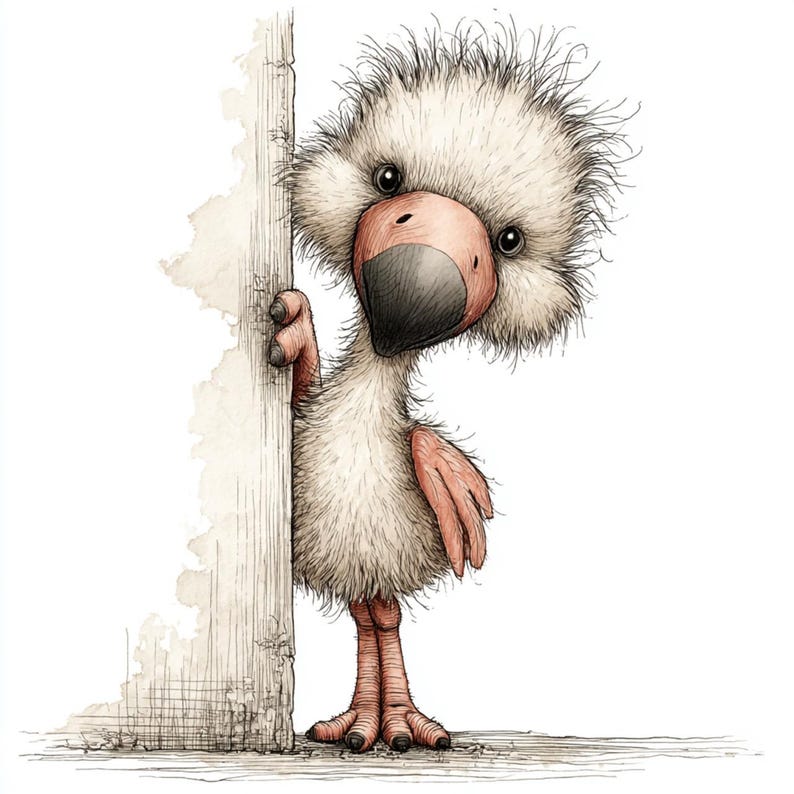 May include: A whimsical illustration of a fluffy, light-colored bird with a large, dark beak and expressive eyes. The bird peeks from behind a wooden post, its pink feet and hand visible. The artwork has a soft, textured appearance.