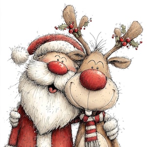 May include: A whimsical illustration of Santa Claus and a reindeer embracing. Santa, in a red suit and hat, has a white beard and a red nose. The reindeer wears a striped scarf and has antlers adorned with holly and berries. A festive holiday image.